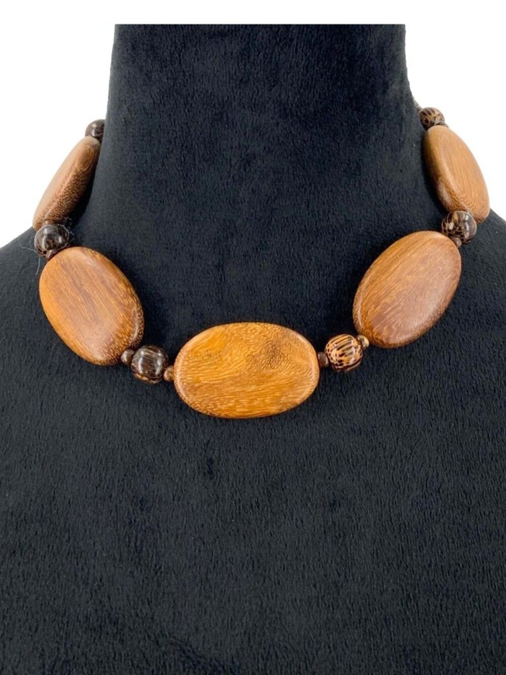 Wood Bead Necklace Round Oval Shapes Adjustable Length Boho Style